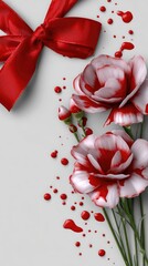 Elegant white flowers marked with dark red droplets, a solemn red ribbon bow. International remembrance for victims, a profound tribute against terror.