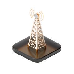 Small communication tower model on a dark base isolated on transparent background
