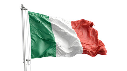 A waving italian flag on a pole against a black background with visible fabric texture and movement