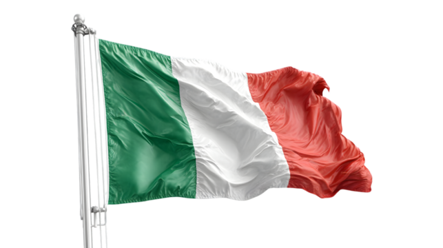 A waving italian flag on a pole against a black background with visible fabric texture and movement