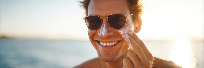 Smiling Man Applying Sunscreen at Beach During Sunset Near Water Creating a Relaxed and Joyful Atmosphere