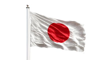 A japanese flag waving in the wind against a black background on a silver metal flagpole outdoors