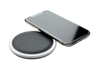 PNG of A sleek smartphone rests atop a modern wireless charging pad, showcasing a minimalist tech aesthetic with a modern design.