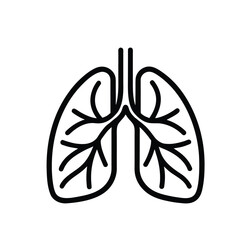"Vector Lungs Icon – Black and White Line Drawing of Human Respiratory System with Trachea, Bronchi, and Branching Bronchial Tubes – Flat Design Representing Lung Health, Breathing, and Medical Anatom