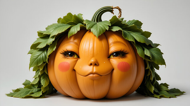 Fat squashy pumpkin with leafy wig, bashful cheeks, blinking glossy eyes, and puffy frame, on white background.