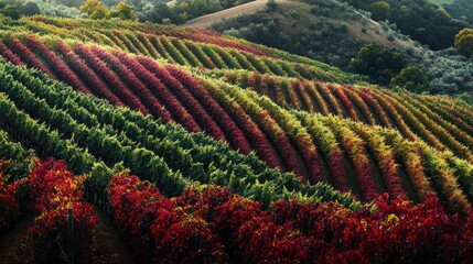 Fototapeta premium Tuscan Vineyard in Autumn Colors. Rolling Hills and Sunlit Valley in Background