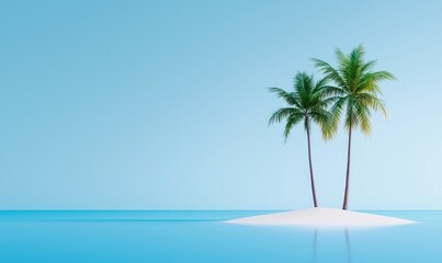 Fototapeta premium Tropical Serenity Two palm trees stand on a small, white sand island surrounded by turquoise water, set against a light blue sky in a minimalist, tranquil scene