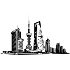 Obraz premium Monochrome drawing of a cityscape silhouette featuring skyscrapers and towers in a skyline view