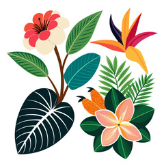 Obraz premium Vibrant tropical floral arrangement with exotic leaves and flowers isolated on white background silhouette