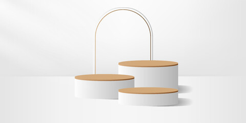 Modern 3D Cylindrical Podium with Wooden Tops and Decorative Arch on Minimal White Background — Elegant Stage for Product Display, Exhibition, or Award Presentation Design