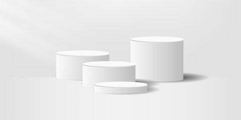 Minimal White 3D Cylindrical Podium Display with Soft Shadows on Light Gradient Background — Modern Stage for Product Showcase, Exhibition, or Award Presentation Design