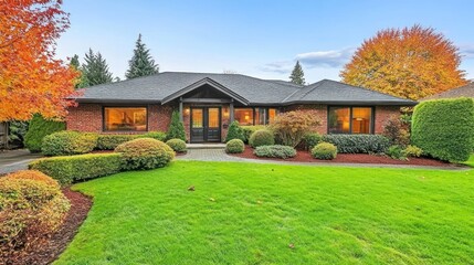Autumnal brick ranch house, landscaped yard, suburban setting, real estate listing