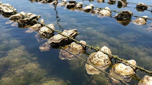Close-up of oysters growing on ropes in clear shallow water, sunlight reflecting on the surface with visible seabed and marine plants, sustainable aquaculture and seafood farming concept