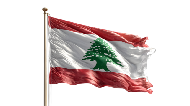 A vibrant lebanese flag waving gracefully against a dark backdrop on a sturdy flagpole outdoors
