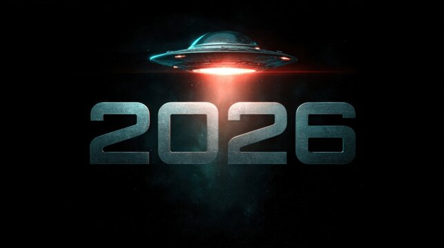 Futuristic 2026 design with a UFO beaming red light, symbolizing the possible year of first contact with extraterrestrial beings. Ideal for sci-fi projects, posters, and speculative concepts.