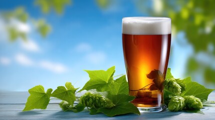 A freshly poured glass of amber ale sits on a rustic wooden table. Surrounding it are lively green hops and leaves, celebrating national beer lover's day in a sunny outdoor atmosphere