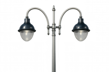 Metal street lamp with two glowing lights isolated on transparent background, creating a dramatic urban atmosphere