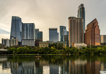 View of the downtown city skyline of Austin Texas in summer 2025 from water level on the Lady Bird Lake