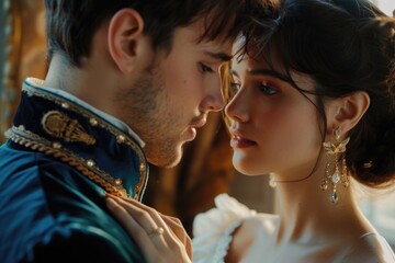 Romantic 16th century couple Kissing. End of Renaissance and beginning of baroque era. A tender 17th century moment with rich ornate period clothing and classic historic style under soft golden light.