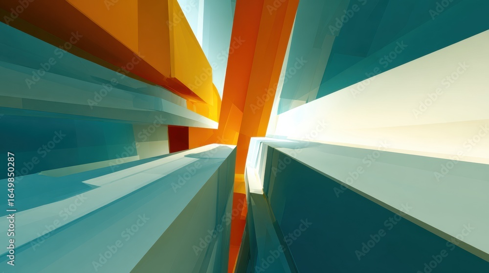 Poster dynamic abstract composition featuring vibrant colors and geometric shapes showcasing depth and pers