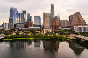 View of the downtown city skyline of Austin Texas in summer 2025 from high above the Lady Bird Lake