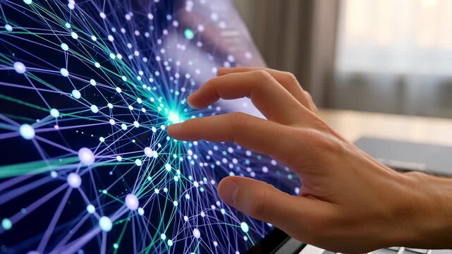 Hand Interacting with Digital Network on Touchscreen Display