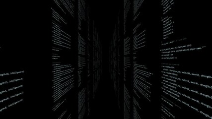  A dark, digital background with lines of white text moving in a virtual corridor, representing programming, coding, and the internet. tech, matrix, or hacker concepts - Powered by Adobe