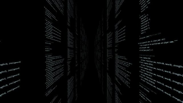  A dark, digital background with lines of white text moving in a virtual corridor, representing programming, coding, and the internet. tech, matrix, or hacker concepts