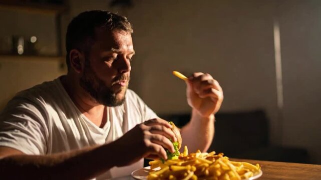 A cinematic close-up of an overweight man eating a hamburger and fries, highlighting unhealthy eating habits and indulgent fast food consumption, captured with dramatic lighting and intense detail