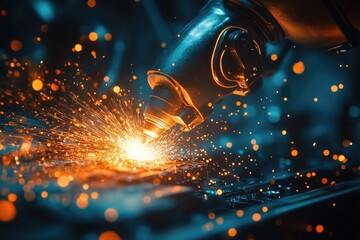 Automated robotic arm performing a welding operation, emitting bright sparks in a dark, industrial setting.