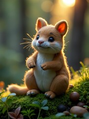 Fototapeta premium A chipmunk clutches a nut while sitting on mossy ground in a glowing forest setting.