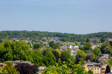 Obraz premium Overview of adorable little town village on hillside with mountains, farmland, Valkenburg is a town in the Dutch municipality of Valkenburg aan de Geul, Located in the South Limburg Hills, Netherlands