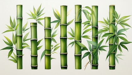 seven individual bamboo plants with green leaves and stems are isolated on a white background they are all different sizes and shapes