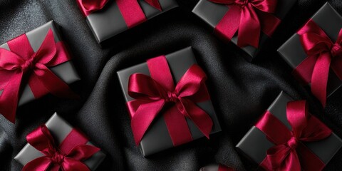 Black Friday Flat Lay with Gift Boxes and Red Ribbons