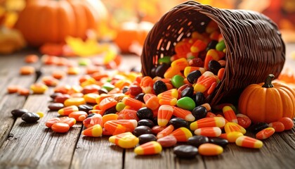 Spilled candy corn and chocolates spill from a wicker basket near pumpkins on a rustic wooden surface. Autumn harvest, Halloween, Thanksgiving.