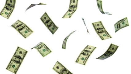 Multiple US dollar bill notes, floating and gently falling through the air in white transparent png background cutout	