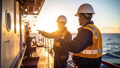 Two engineers in hard hats and safety vests point towards the ocean at sunset on an oil rig.
