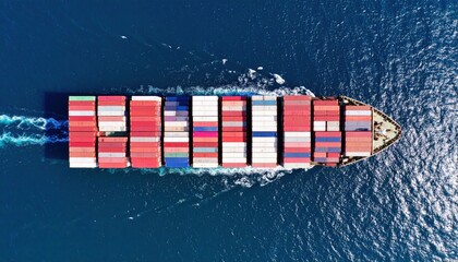 Fototapeta premium Aerial view of a large container cargo ship sailing on a blue ocean. Colorful cargo containers fill the deck. Waves trail behind.