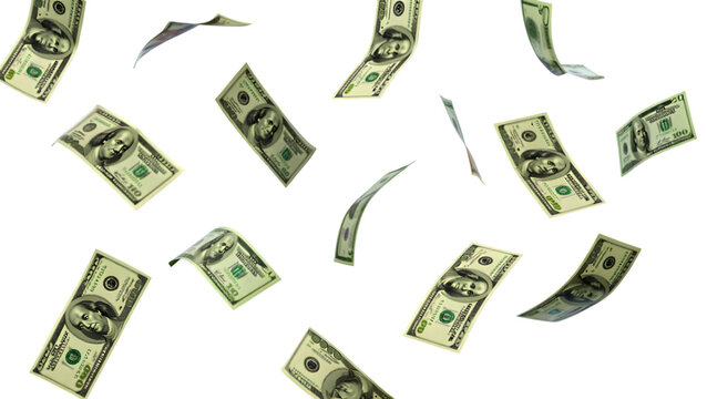 Multiple US dollar bill notes, floating and gently falling through the air in white transparent png background cutout	