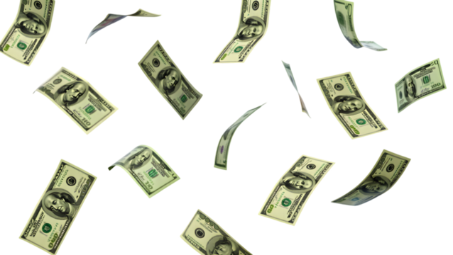 Multiple US dollar bill notes, floating and gently falling through the air in white transparent png background cutout	