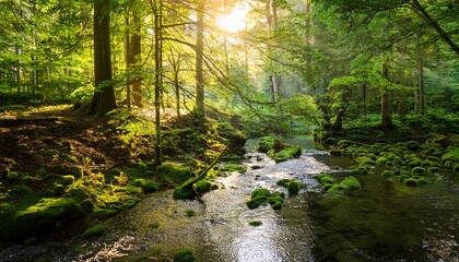 Fototapeta premium serene forest scene with sunlight filtering through lush green trees illuminating a gentle stream