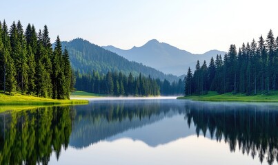 Serene lake scene with evergreen trees on either side, reflecting in still water. Distant mountains are visible under a soft, bright sky, with mist above the water