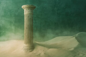 A weathered classical column stands amidst sand dunes against a textured green background, evoking a sense of timeless solitude and forgotten grandeur.