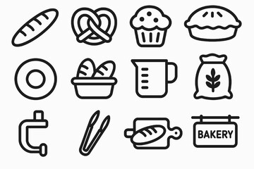 Bold black bakery icon set with baguette, pretzel, muffins, pies, and baking tools for bakery packaging, menus, and branding. Heavy outline vector on white background