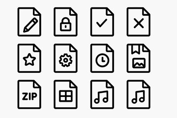 Bold black file icon set with editable, secure, approved, rejected, and format-specific files for office tools, digital storage, and workflow design. Heavy outline vector on white background
