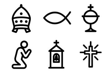 Bold black Catholic icon set with papal tiara, ichthys, ciborium, praying figure, bell tower, and radiant cross for church branding, devotional materials, and sacred art. Heavy outline vector on white