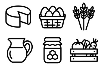 Bold black farm food icon set with cheese, eggs, wheat, milk, honey, and vegetables for rural markets, artisanal packaging, and agriculture branding. Heavy outline vector on white background