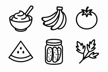 Black healthy food icon set with yogurt, bananas, tomato, watermelon, pickles, and herbs for nutrition guides, organic packaging, and wellness branding. Outline vector on white background