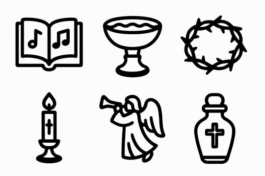 Bold black Catholic icon set with hymnal, baptismal font, crown of thorns, candle, angel trumpet, and chrism oil for church ceremonies, worship materials, and sacred art. Heavy outline vector on white