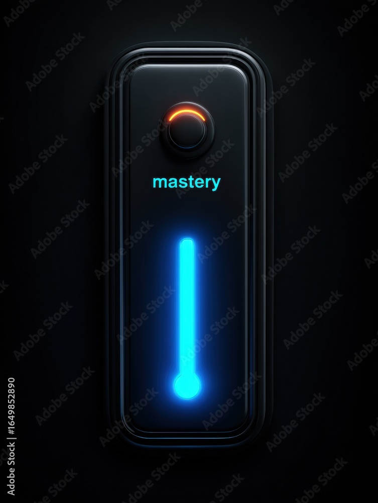 Poster innovative interface displaying mastery level with illuminated buttons and sleek design in futuristi